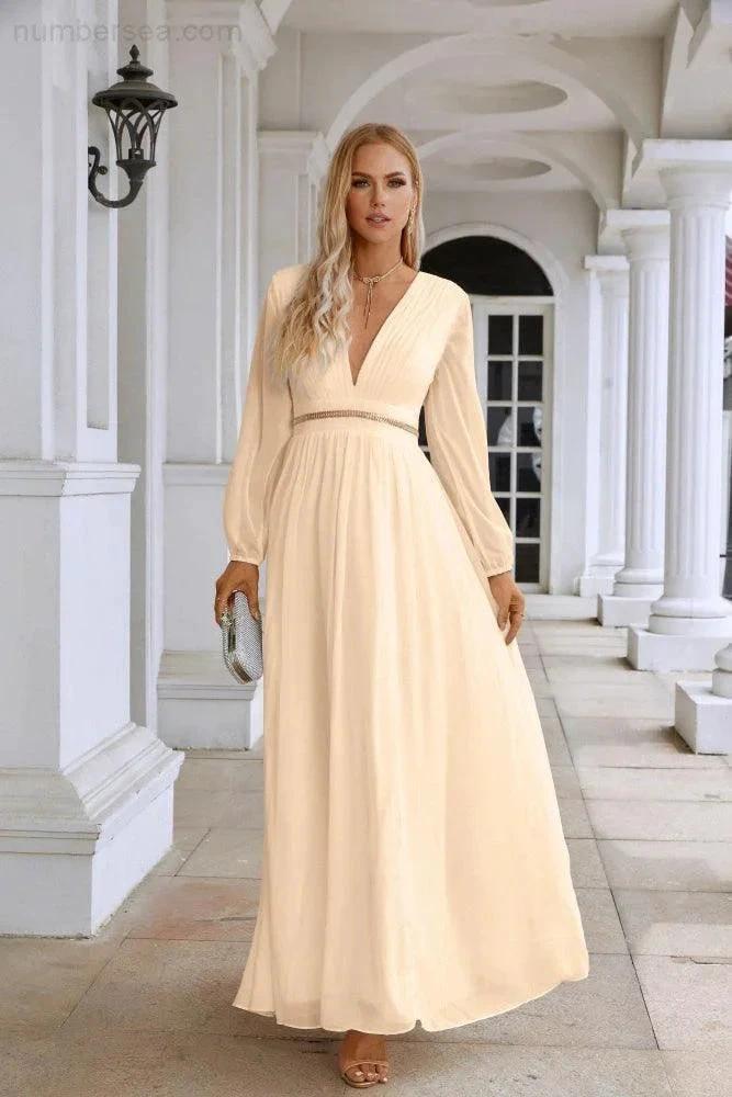 Ladies V Neck Chiffon Long Sleeve Front Slit Bridesmaid Evening Dress Wedding Party Shopping Evening Dress 28109 (ZD16991)