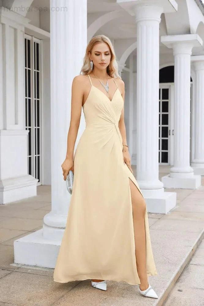 Ladies Chiffon Spaghetti Strap V Neck Front Slit Floor Length Bridesmaid Evening Dress Prom Party Wedding Evening Dress 28116 (ZD17012)