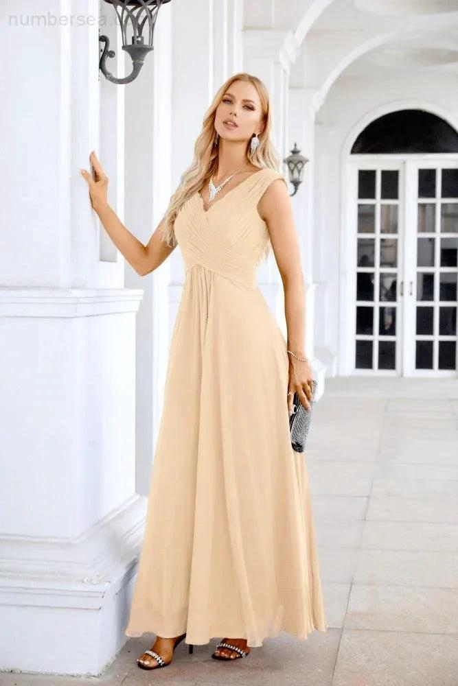 Ladies Chiffon V Neck Sleeveless Floor Length Bridesmaid Evening Dress Wedding Party Evening Dress 28126 (ZD16989)
