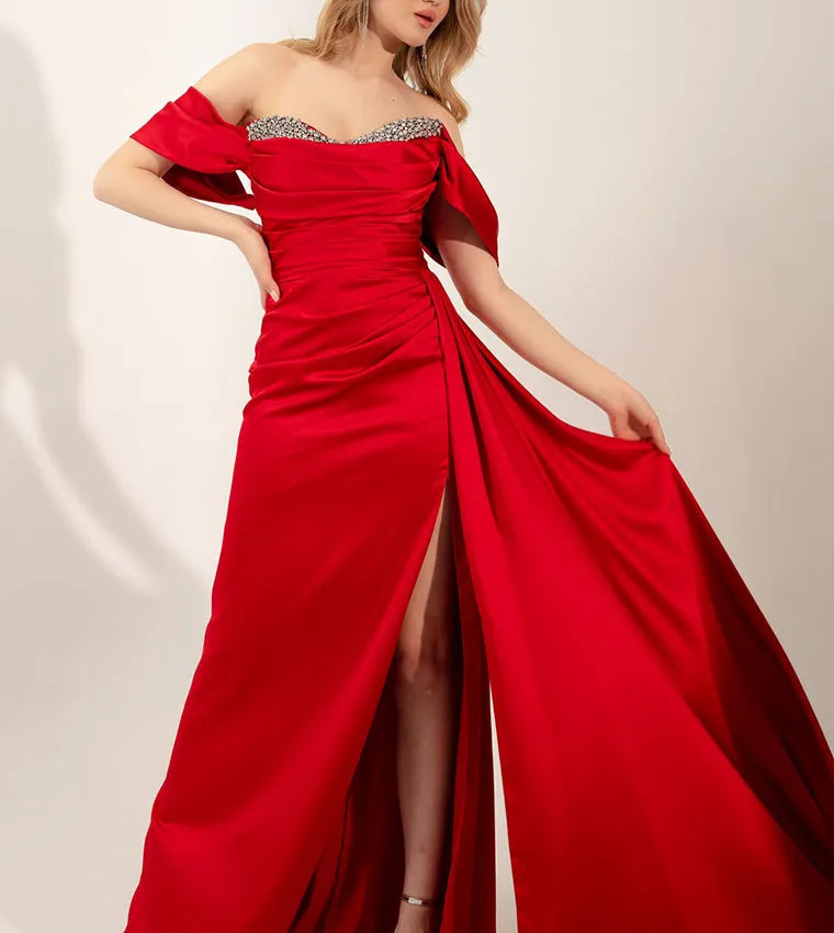 Exquisite Formal Evening Dresses Mermaid Prom Gowns Sexy Side Split Off The Shoulder Crystal Pleats Occasion Party Dres