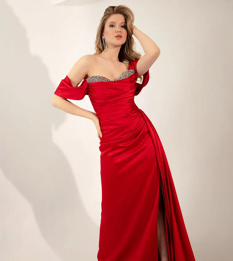 Exquisite Formal Evening Dresses Mermaid Prom Gowns Sexy Side Split Off The Shoulder Crystal Pleats Occasion Party Dres