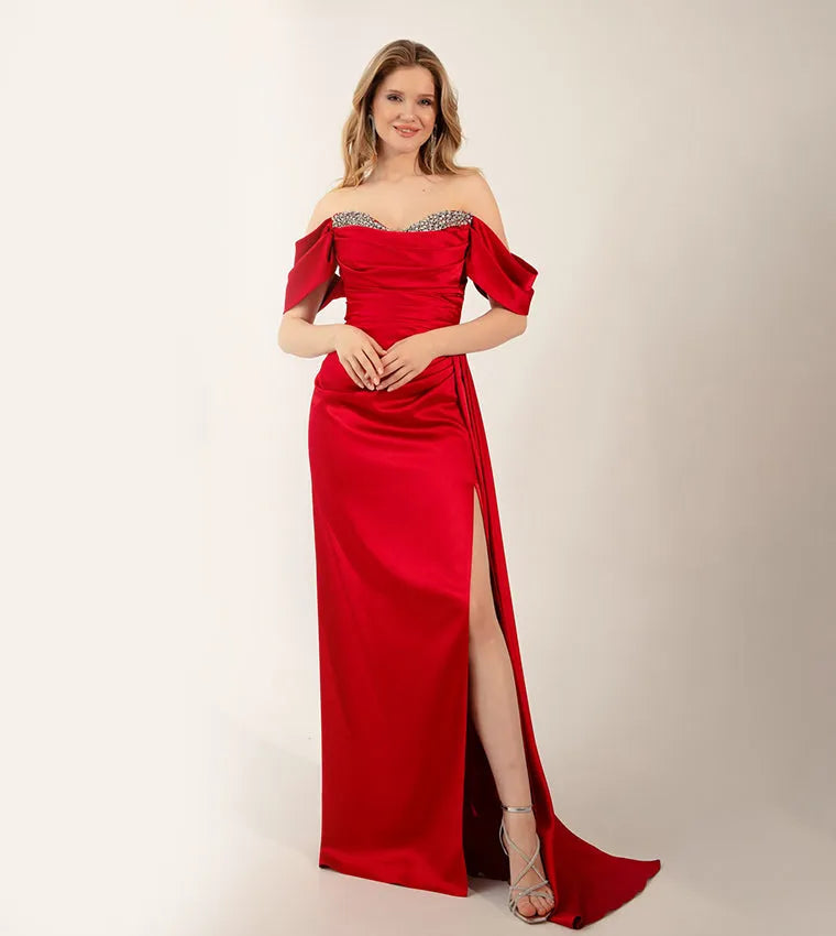 Exquisite Formal Evening Dresses Mermaid Prom Gowns Sexy Side Split Off The Shoulder Crystal Pleats Occasion Party Dres