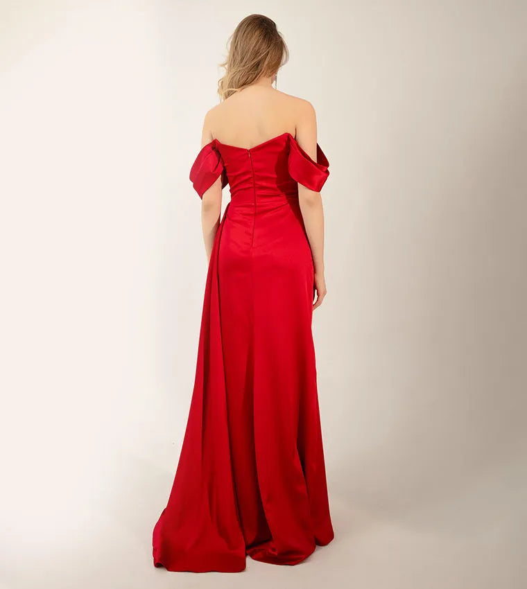 Exquisite Formal Evening Dresses Mermaid Prom Gowns Sexy Side Split Off The Shoulder Crystal Pleats Occasion Party Dres