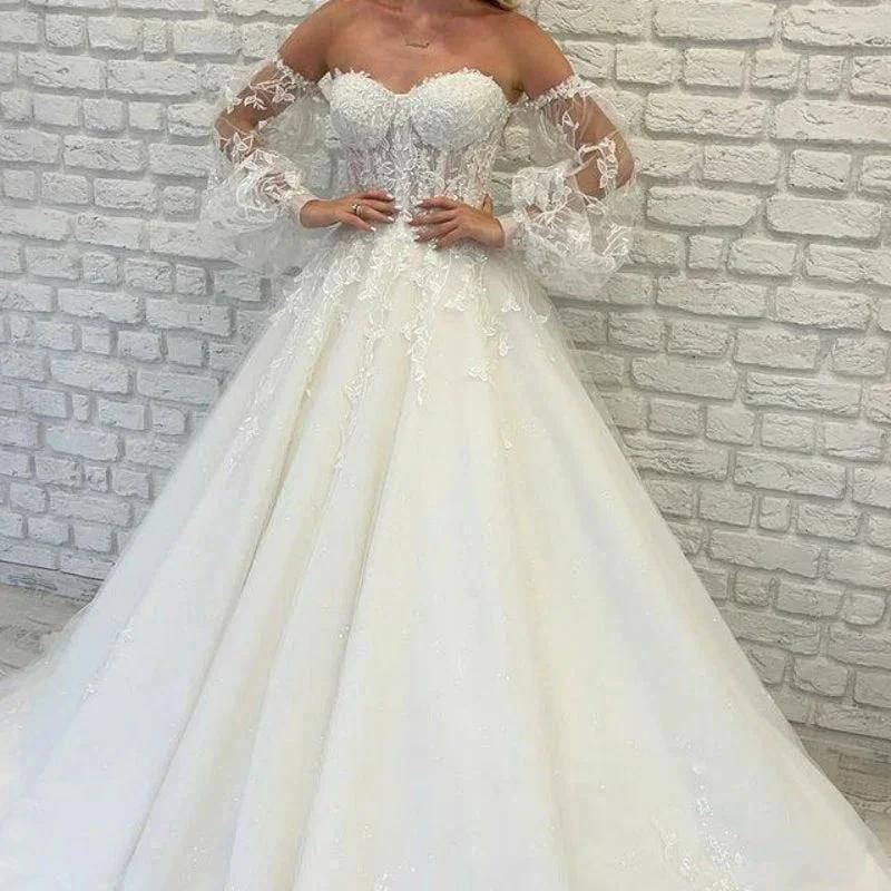 Sweetheart Tulle Wedding Dresses Off Shoulder Lace Up Appliqued Beaded Vestido De Noiva 2022 Puffed sleeves Lace Bridal Dress (ZD14128)