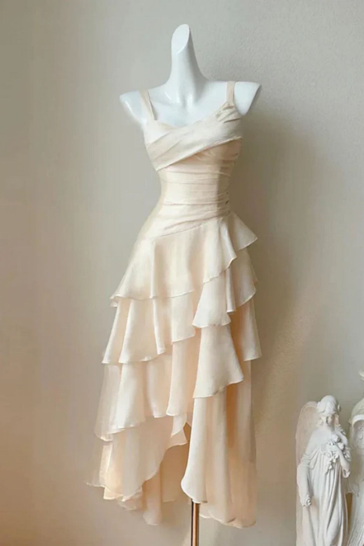 Ivory High-Low Satin Straps Homecoming Dress Chic Prom Dress