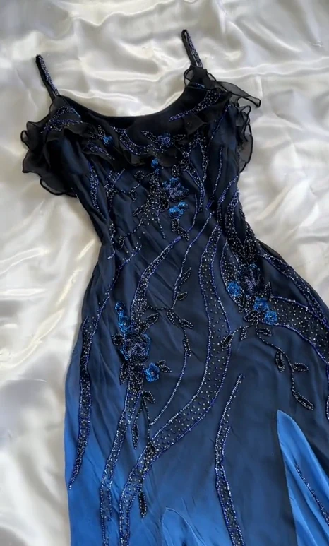 Luxurious Navy Blue Chiffon Beaded Evening Dress Formal Party Prom Dress Y7529 - View 2 | VelvetHem
