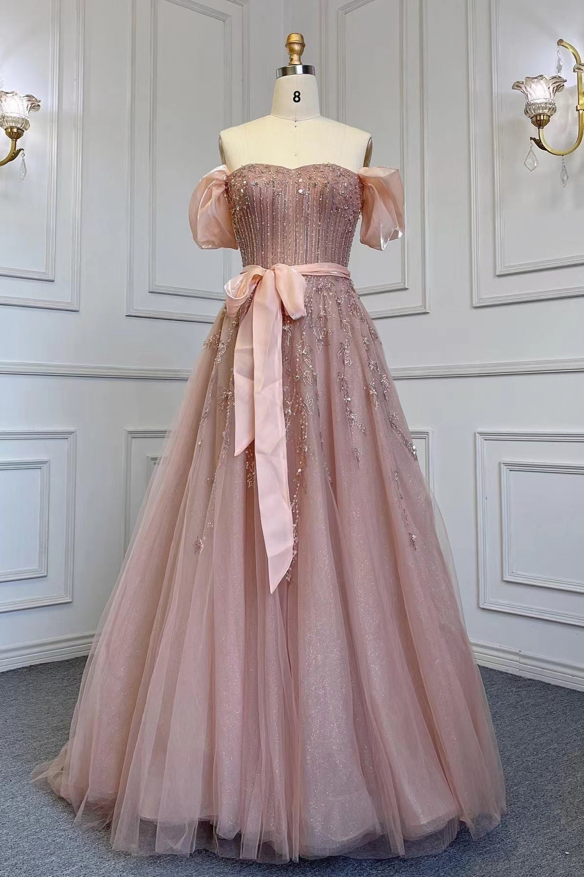 Long A-line Off The Shoulder Bubble Sleeves Formal Prom Dress - VelvetHem