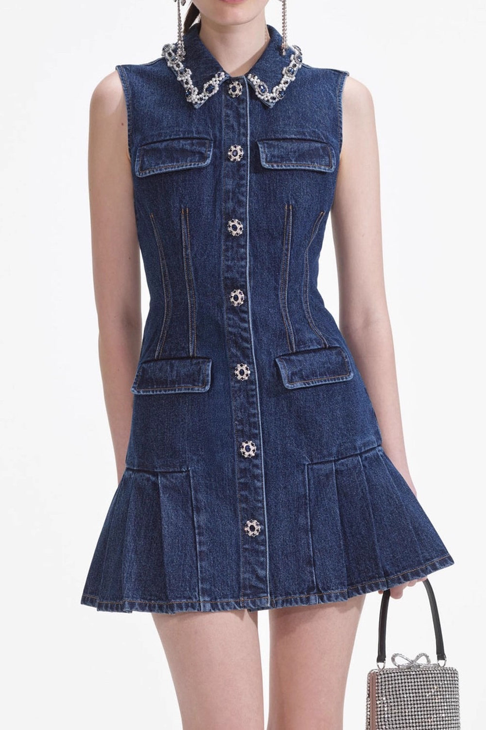 Blue Rhinestone Mini Denim Dress - VelvetHem
