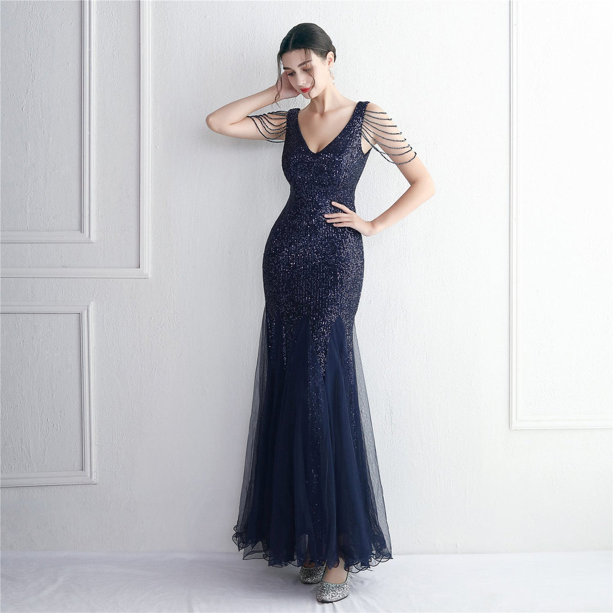 Sequin Mesh Craft Beaded Party Dress: Elegant Long Cocktail Slim Fit Evening Dress - View 4 | VelvetHem