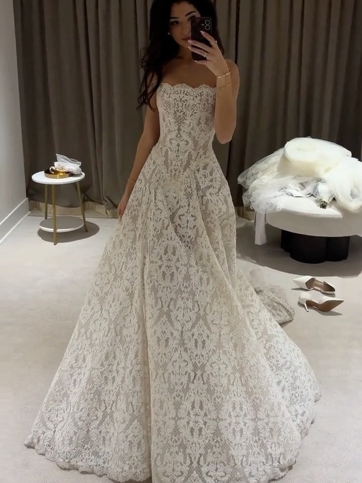 Strapless Vintage Full Lace A-Line Wedding Dress
