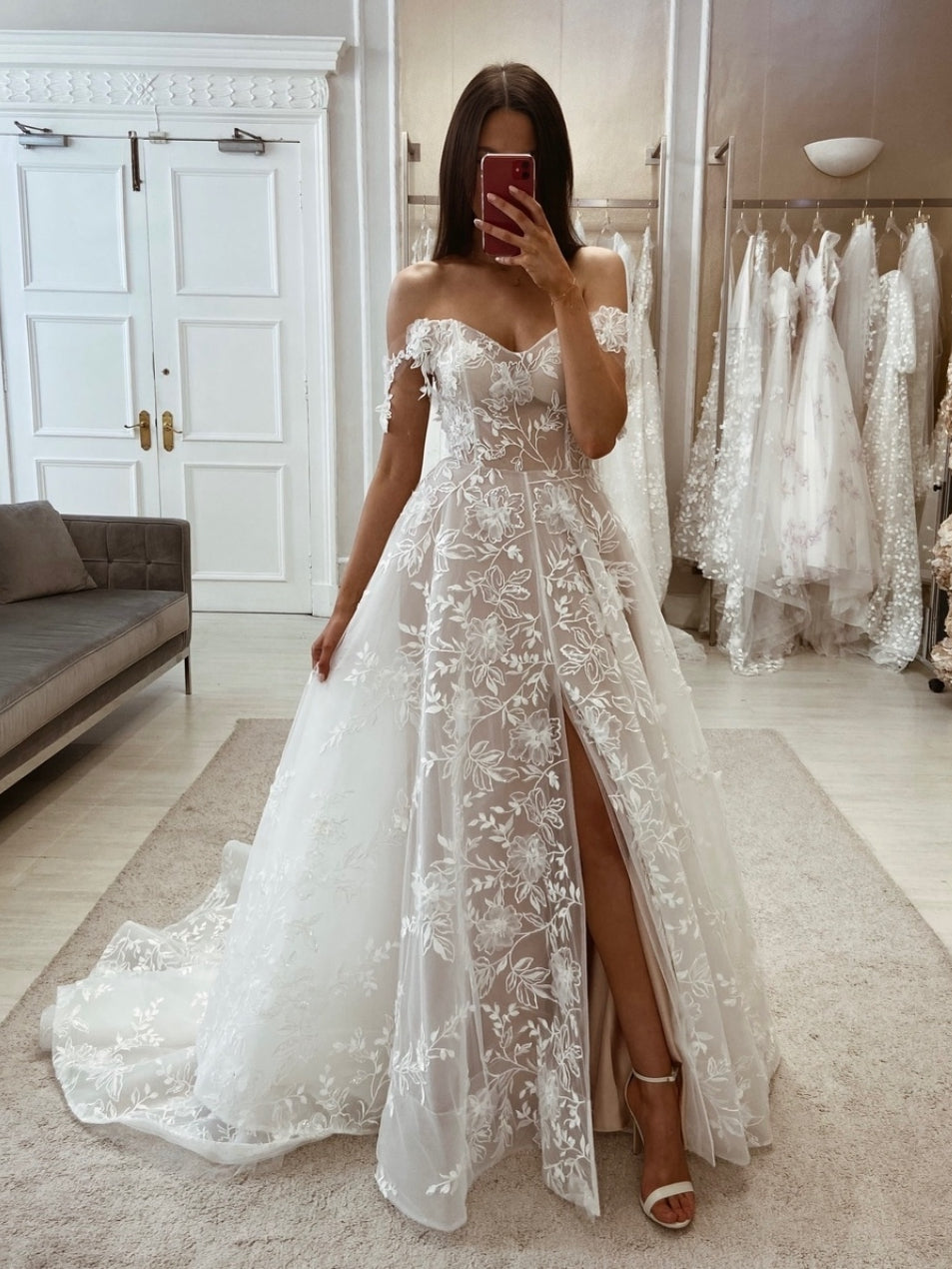 Boho Off Shoulder Sheer Lace Bridal Gown With High Slit Long Train