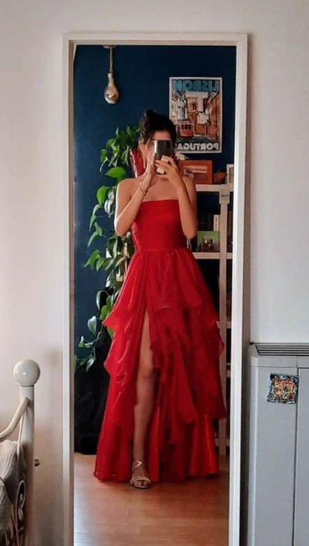 Sexy Red Tiered Tulle Long Prom Dress Strapless Slit A Line Evening Dress Party Dress