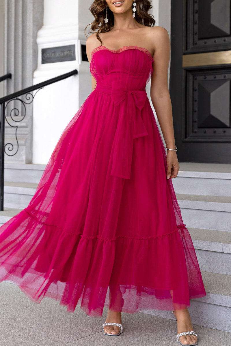 Elegant Formal Solid Frenulum Flounce With Bow Strapless Evening Dress Dresses - View 3 | VelvetHem