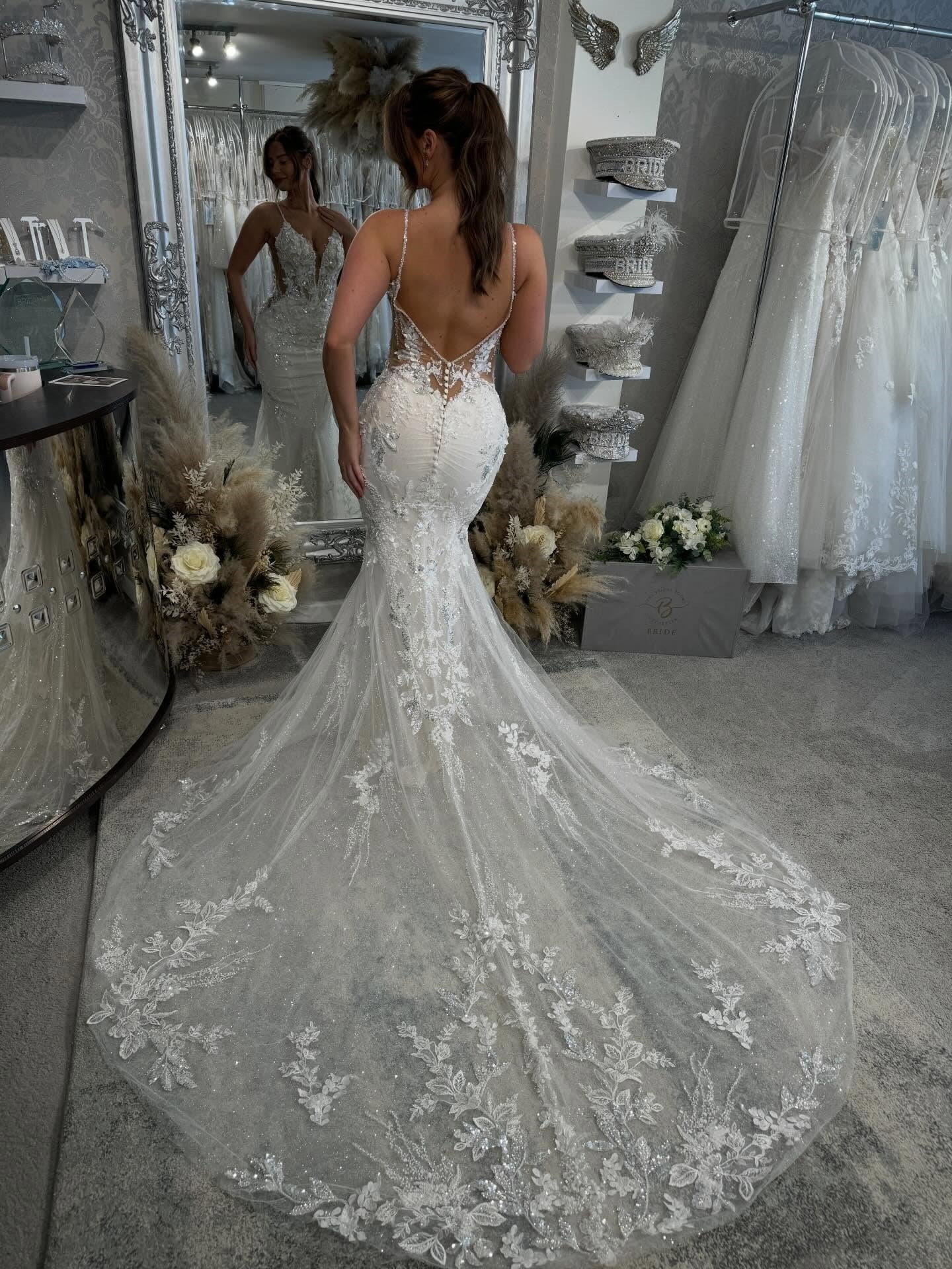 Deep V-neck Spaghetti Straps Lace Mermaid Wedding Dress With Train