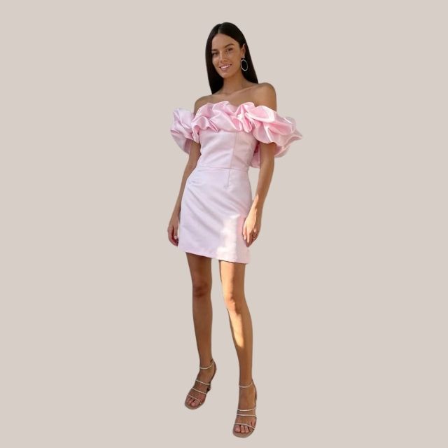 Angeles Effortless Off the Shoulder Cocktail Dress with Ruffle Detail Boutique Collection