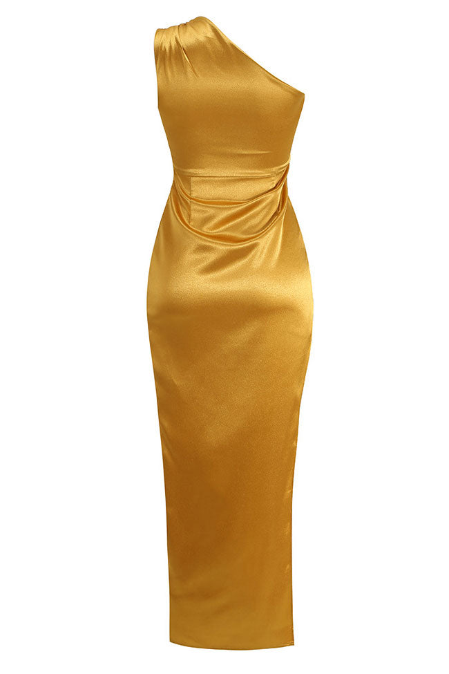 Silky Satin Pleated One Shoulder High Slit Midi Evening Dress - Gold - View 5 | VelvetHem