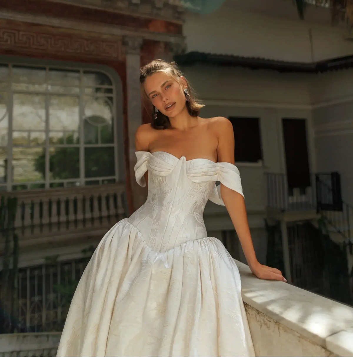 Romantic White Satin Off-the-Shoulder Ball Gown Wedding Dress with Train ZP123