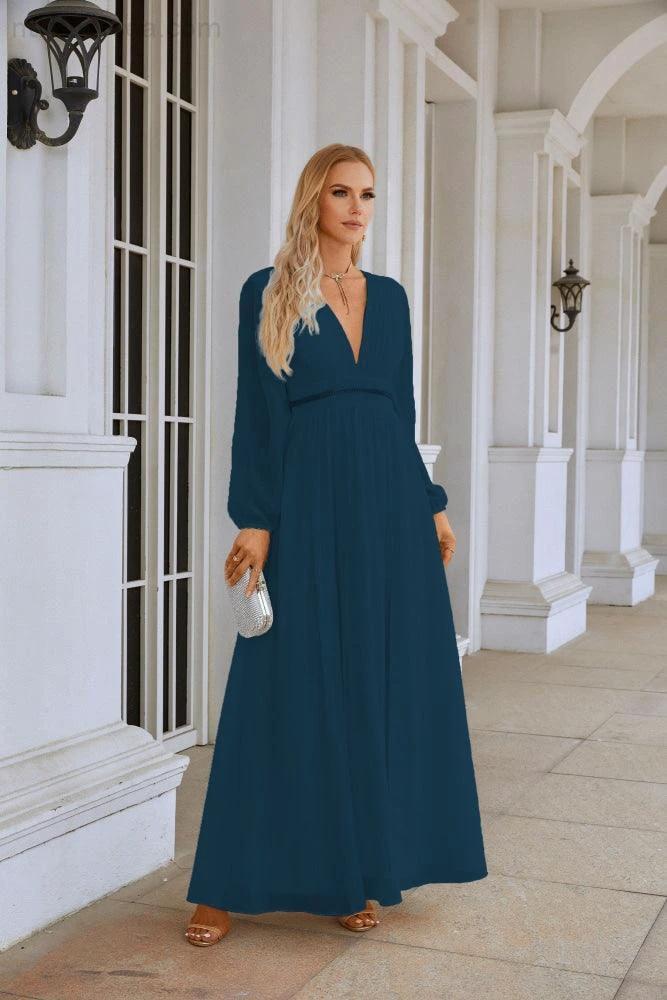 Ladies V Neck Chiffon Long Sleeve Front Slit Bridesmaid Evening Dress Wedding Party Shopping Evening Dress 28109 (ZD16991)