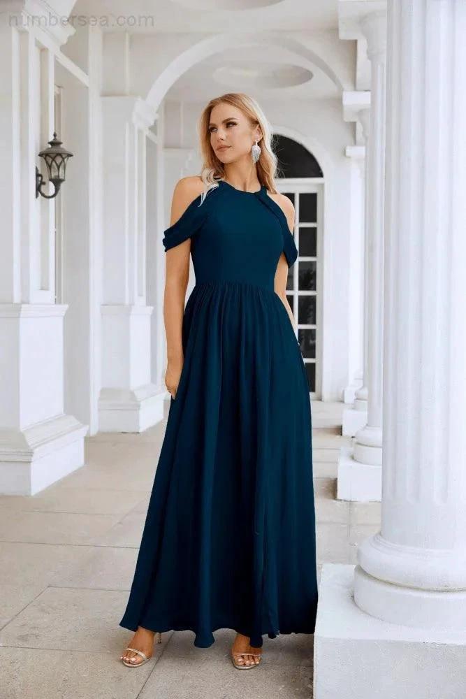 Ladies Chiffon Off Shoulder Swing Sleeve Front Slit Bridesmaid Evening Dress Wedding Party Evening Dress 28117 (ZD17011)
