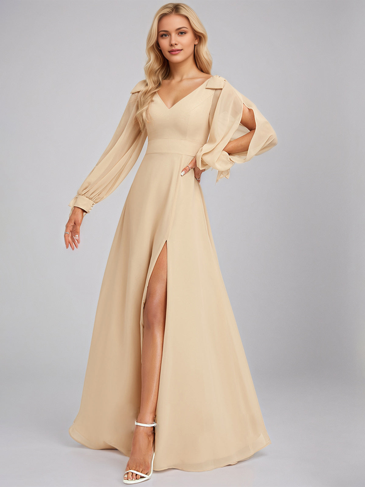 Champagne A-Line V-Neck Floor-Length Chiffon Bridesmaid Dress With Bow