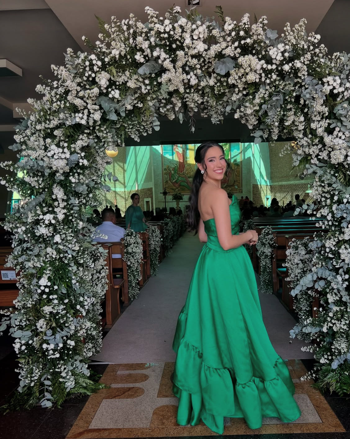 Strapless A-Line Green Ruffle Prom Dress Satin Wedding Guest Dress