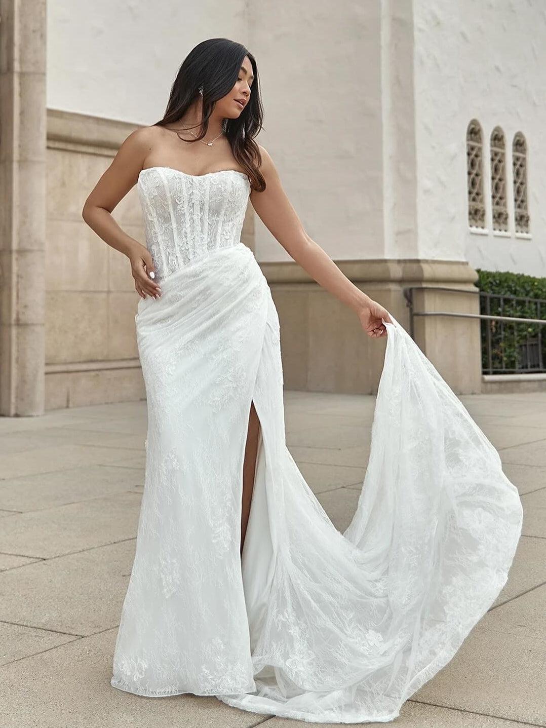 Sweetheart Ruched Lace Corset Mermaid Wedding Dress With Side Slit And Chapel Train