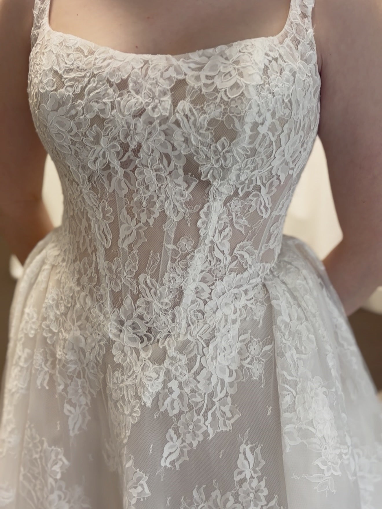 Romantic Square Neck Lace A-Line Wedding Dress With Long Train