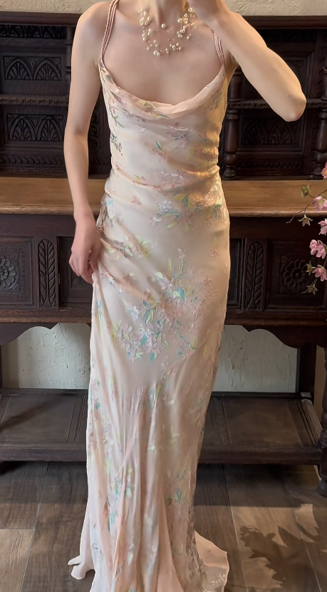 Sheath Pink Chiffon Prom Party Dress Vintage Flora Evening Dress