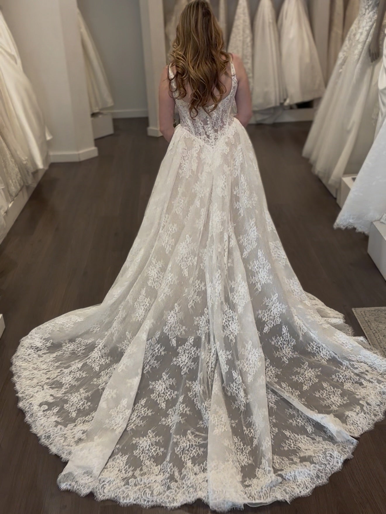 Romantic Square Neck Lace A-Line Wedding Dress With Long Train