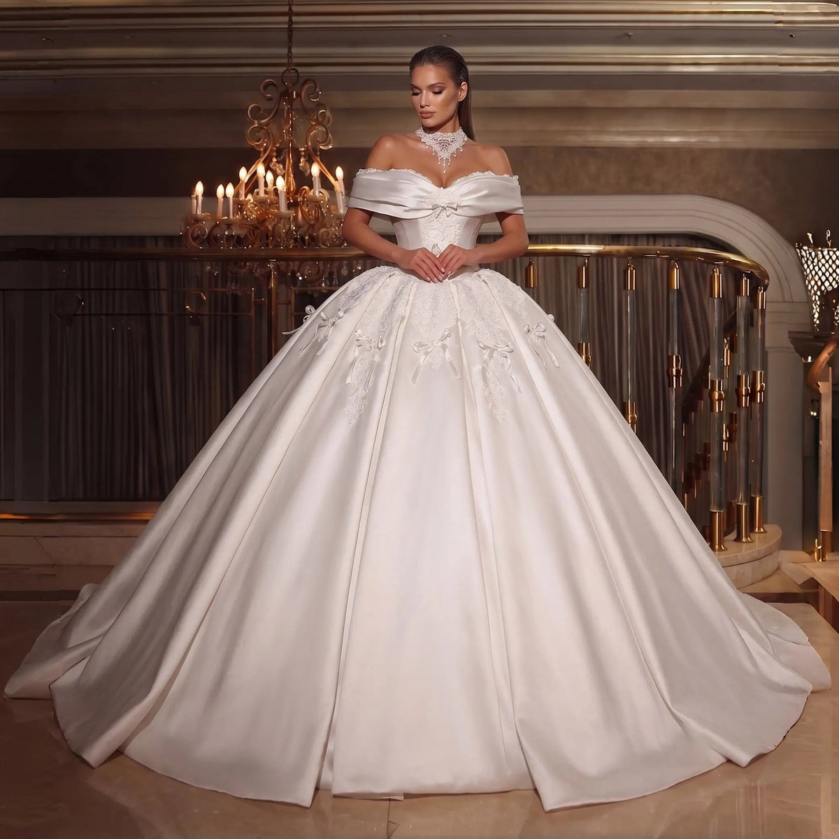 Off the Shoulder White Satin Ball Gown Wedding Dress with Long Cathedral Train ZP017 - View 3 | VelvetHem