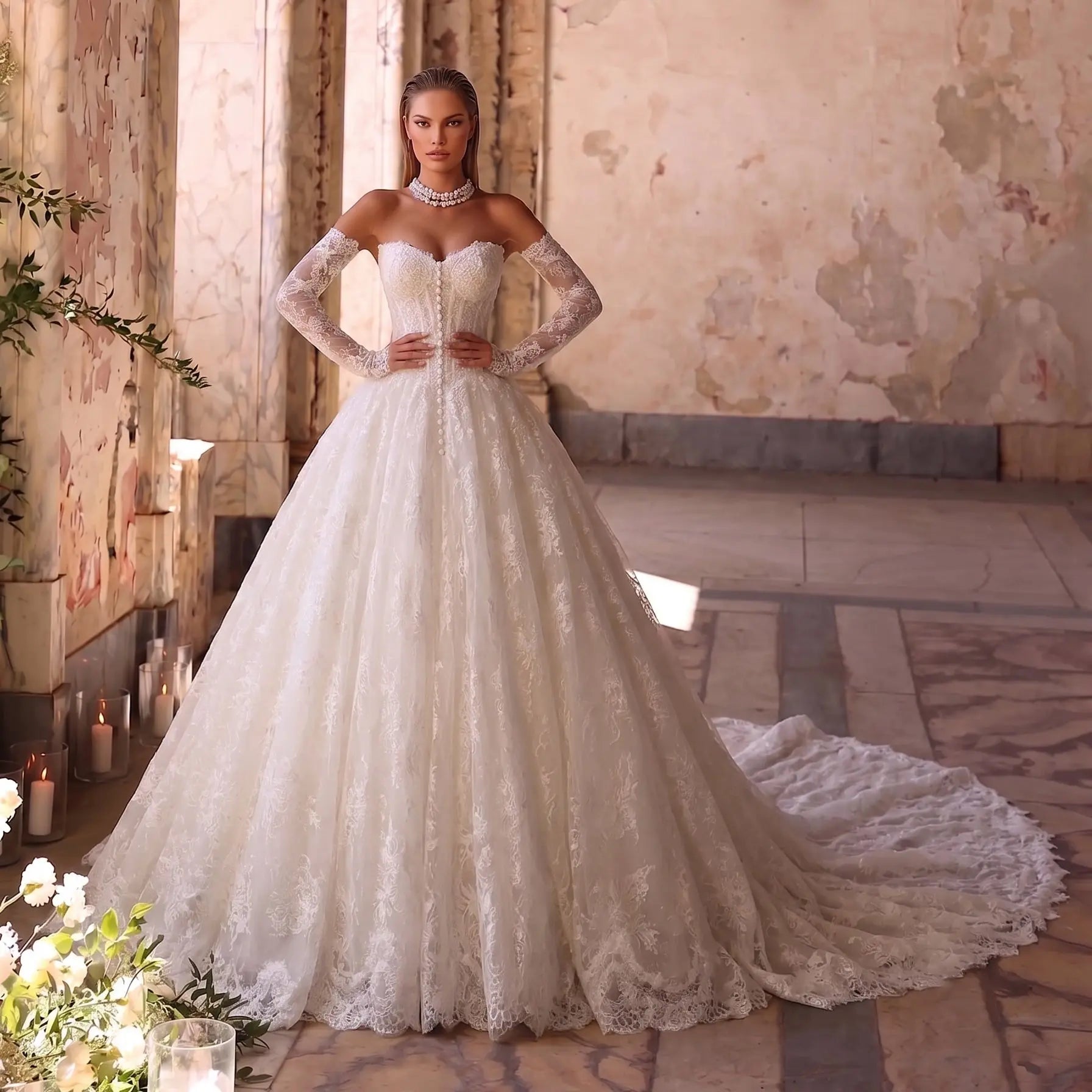 White Floral Lace Ball Gown Wedding Dress with Sweetheart Neckline and Detachable Long Sleeves ZP015