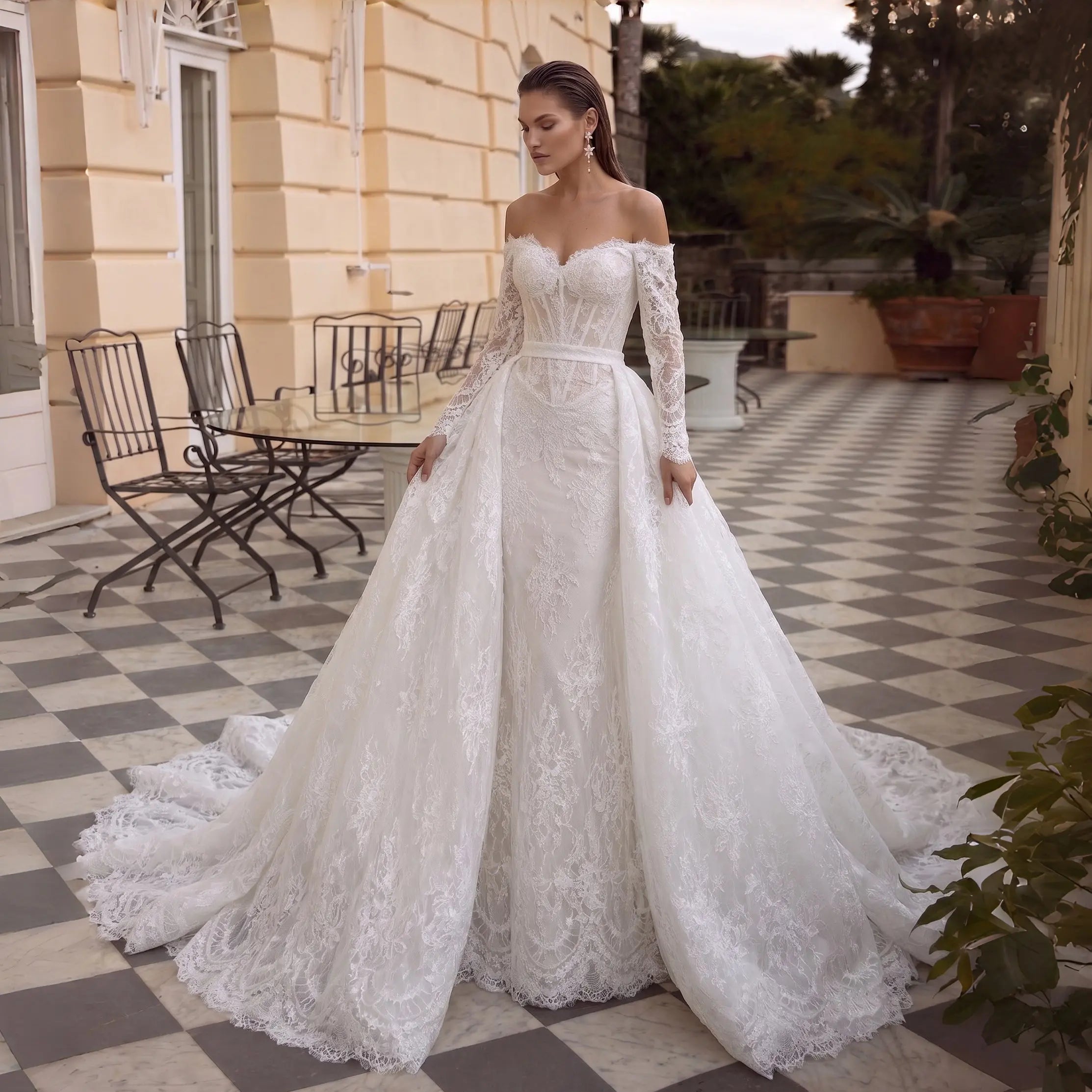 White Lace Mermaid Wedding Dress Off the Shoulder with Detachable Train and Long Sleeves ZP014
