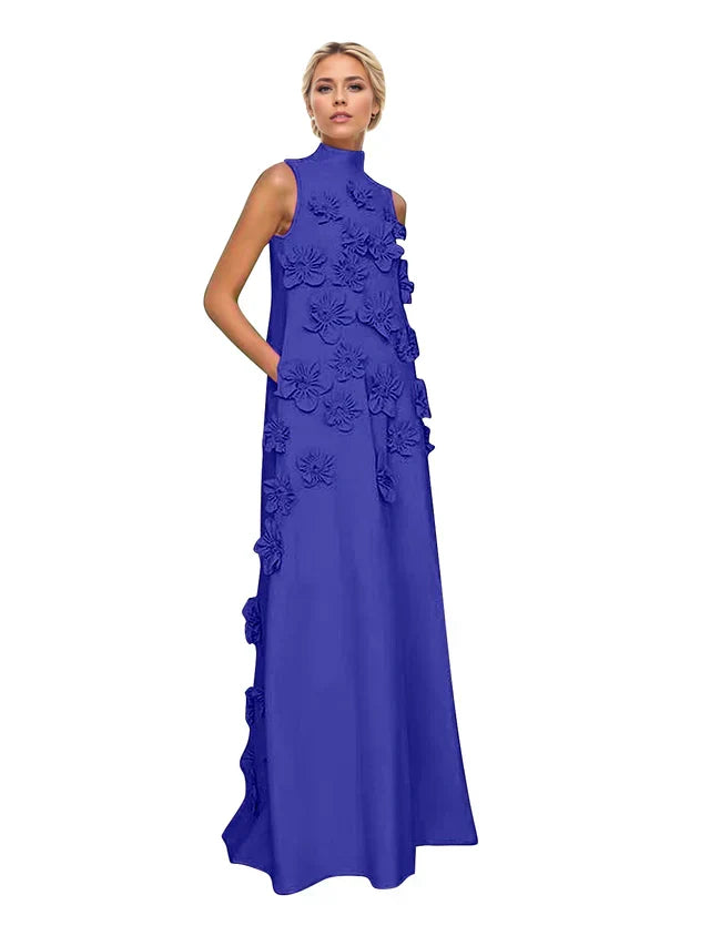 A Line High Neck Sleeveless Floor Length Stretch Crepe Dress With 3D Flowers