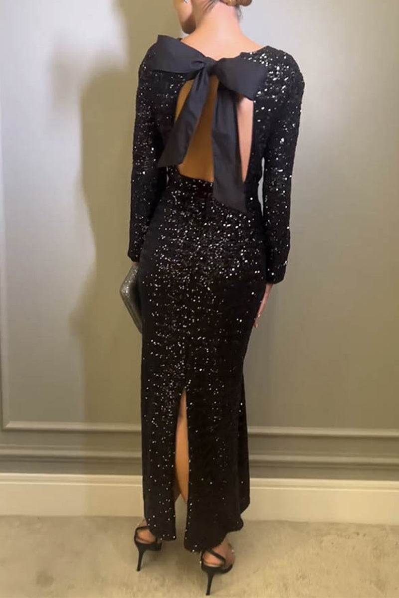 Sexy Solid Sequins With Bow O Neck Evening Dress Dresses - View 4 | VelvetHem