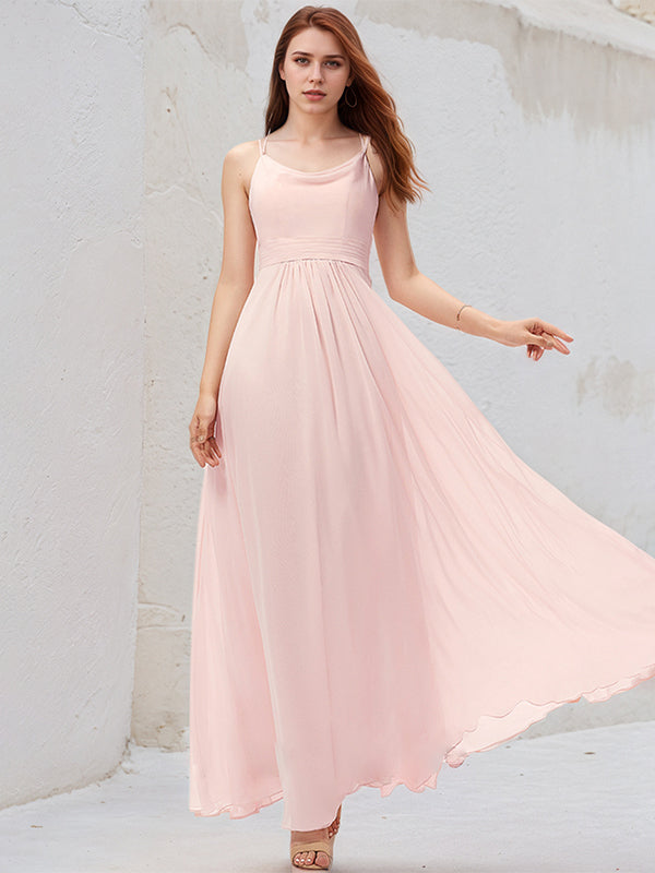 Blushing Pink A-Line Cowl Floor-Length Chiffon Bridesmaid Dress
