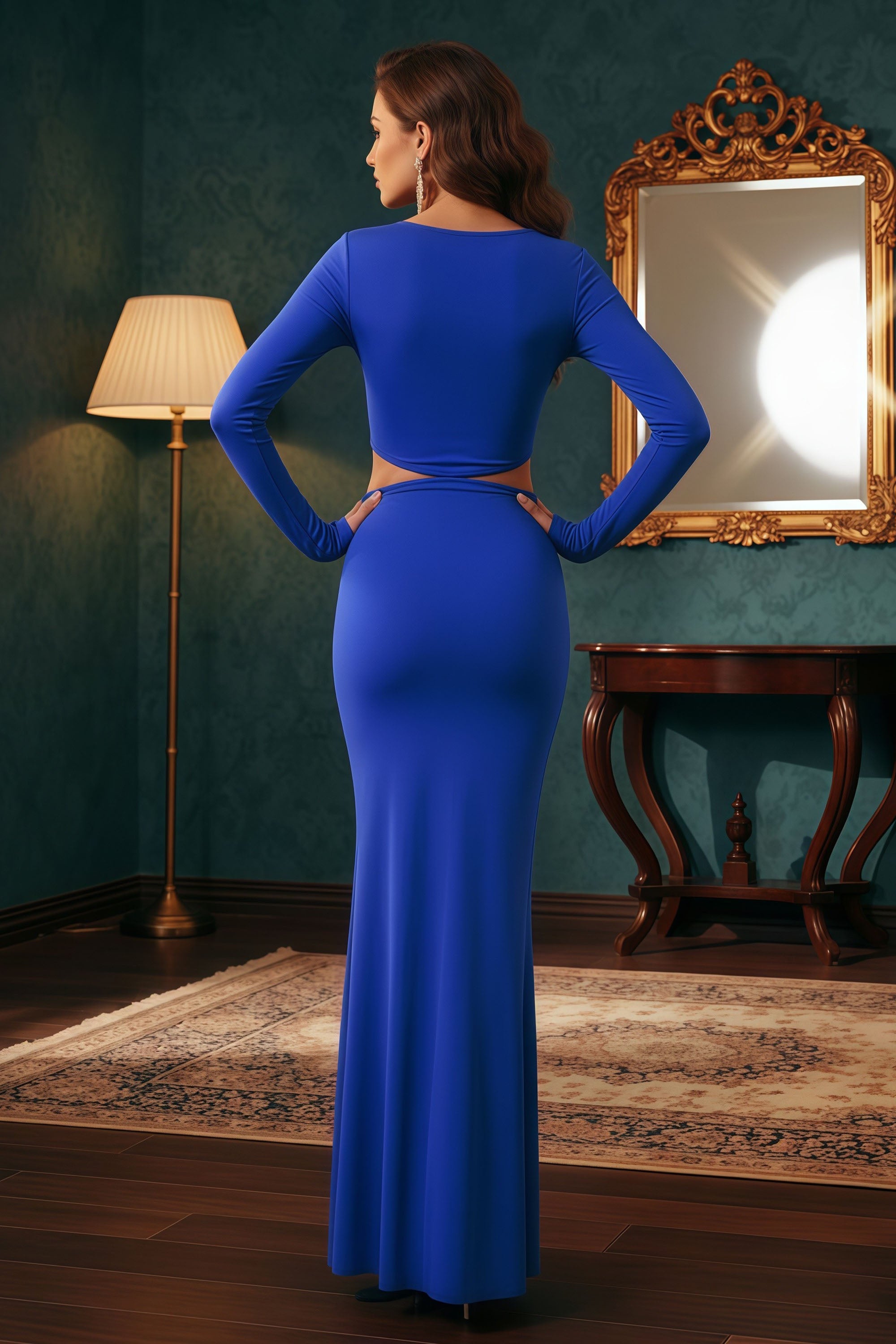 Sculpted Metallic Bustier and Long-Sleeve Mermaid Gown