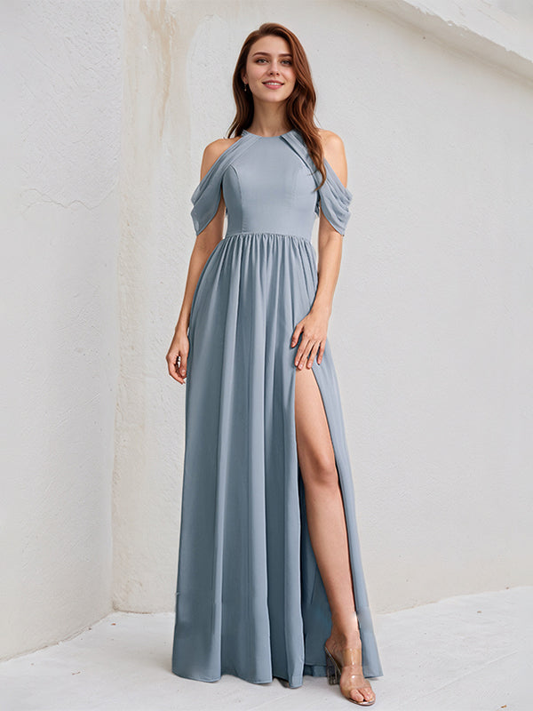 Dusty Blue A-Line High Neck Floor-Length Chiffon Bridesmaid Dress
