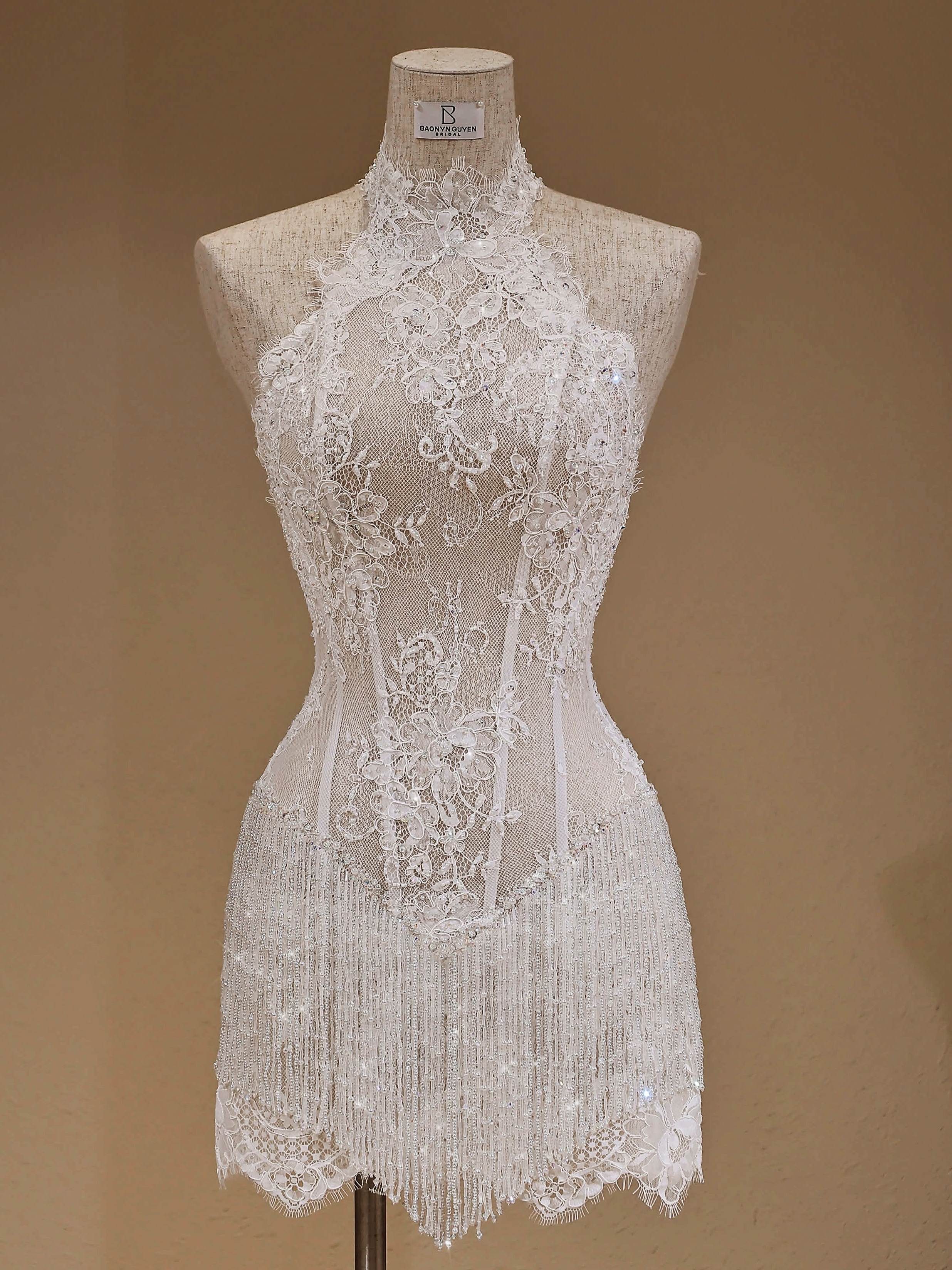 Sheath Halter Lace Beaded Fringe Short Bridal Party Dress