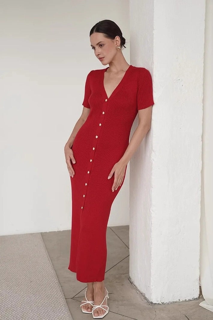 Waist Cinched V Neck Single Breasted Short Sleeve Knit Maxi Sweater Dress - View 6 | VelvetHem