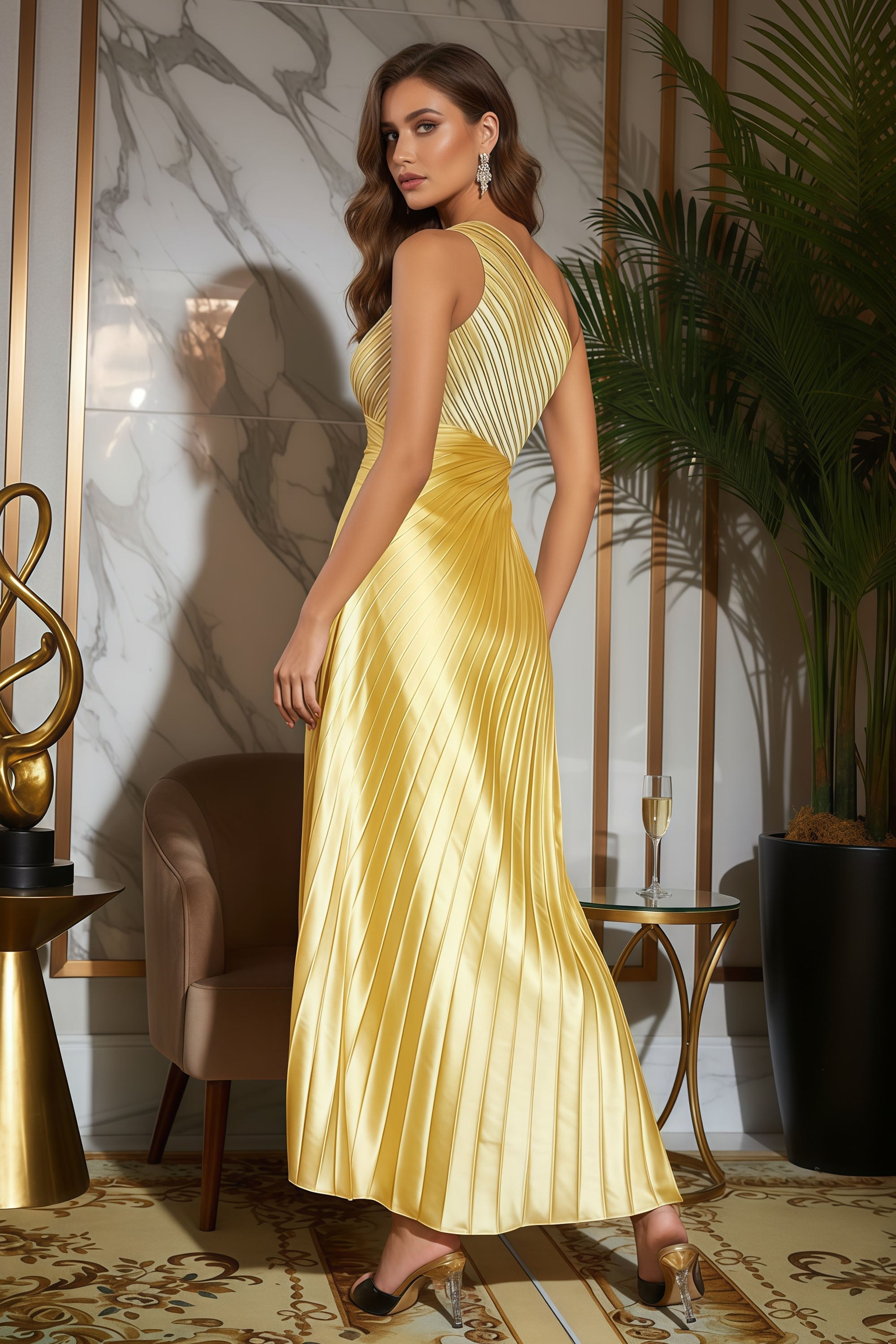 One-Shoulder Pleated Satin Maxi Dress with Elegant Draping