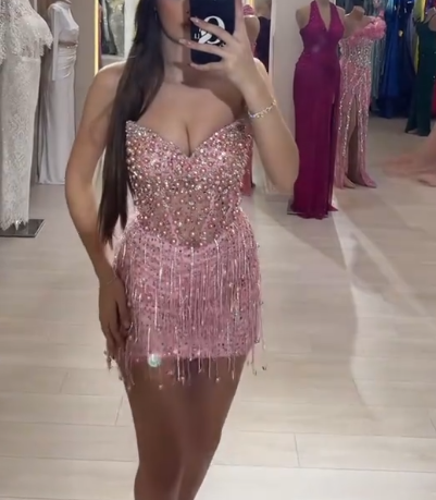 Gorgeous Strapless V Neck Sequin Beaded Sheath Cocktail Dress Pink Formal Graduation Homecoming Dress D169