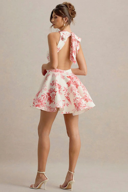 High Waist Backless ALine Mini Floral Dress