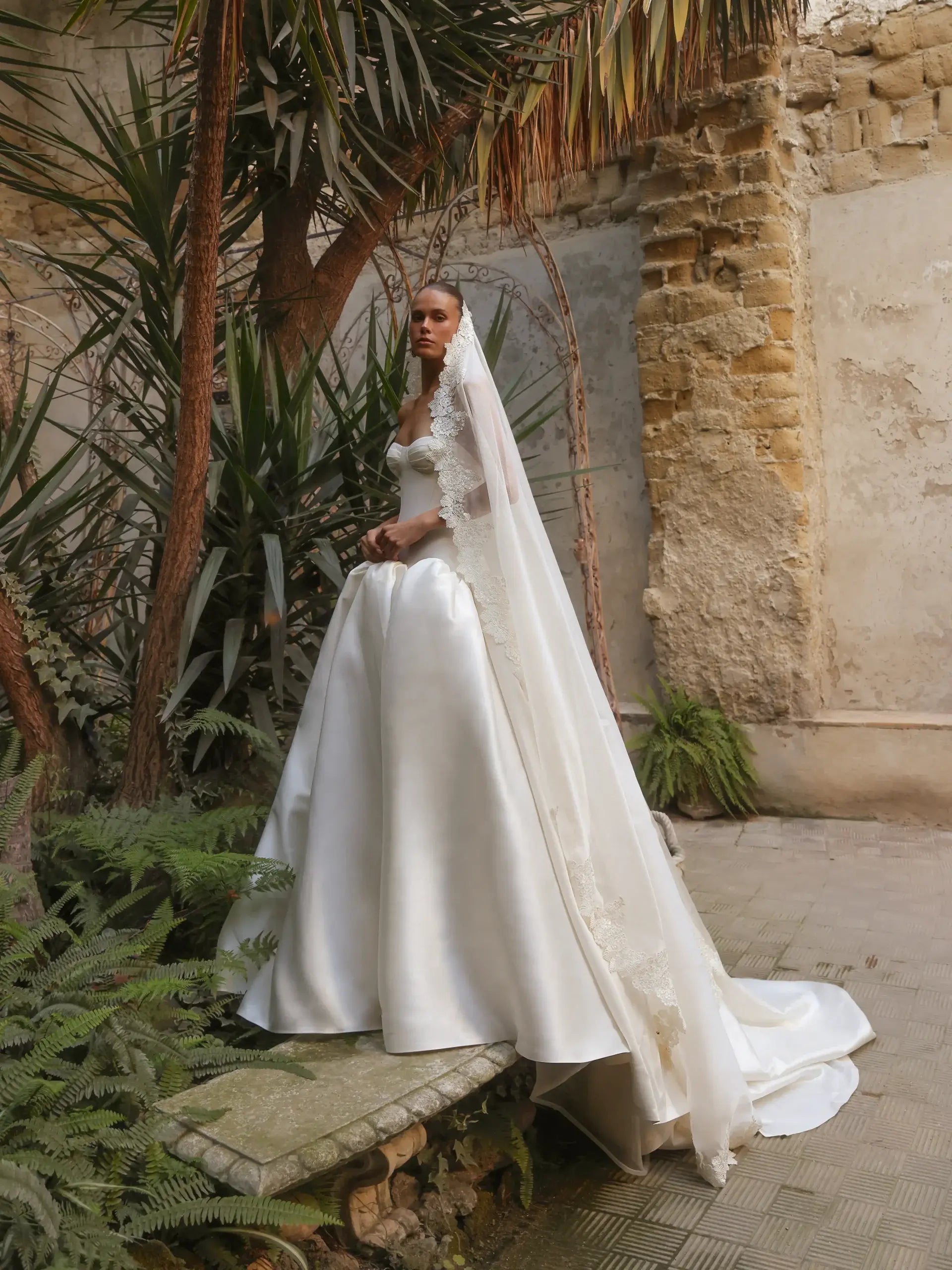 Classic White Satin Strapless Ball Gown Wedding Dress with Veil ZP114