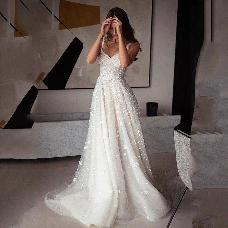 Bohemian V-Neck Wedding Dresses For Bride Spaghetti Straps A-Line Bridal Gowns Sexy Sleeveless Zipper Up Vestido De Noiva by payinti