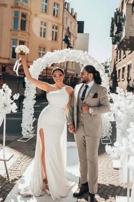 Obsessing Long White One Shoulder Sleeveless Beading Wedding Dress with Slit (ZD15553)