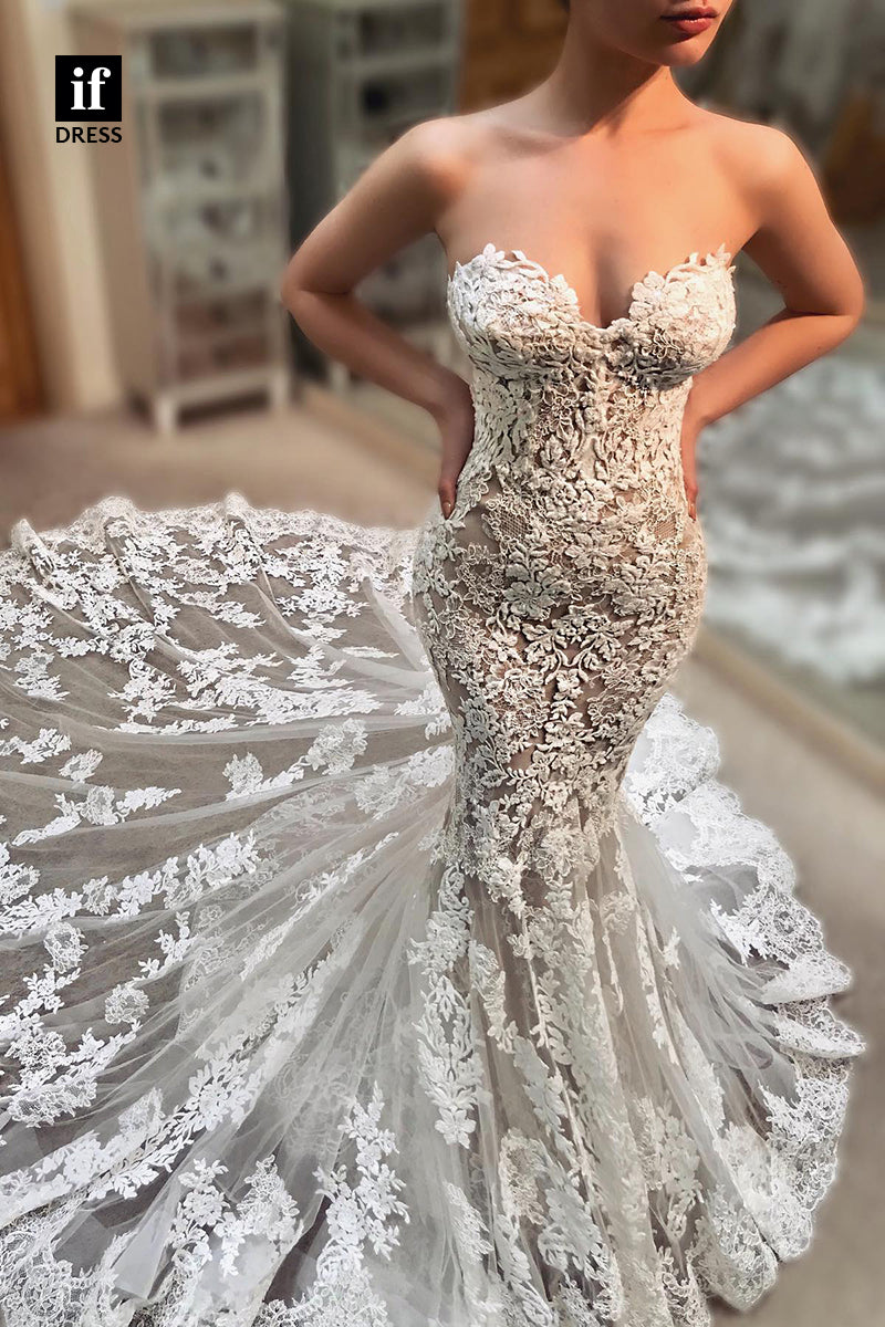 31579 - Charming Off-Shoulder Lace Appliques Mermaid Wedding Gown