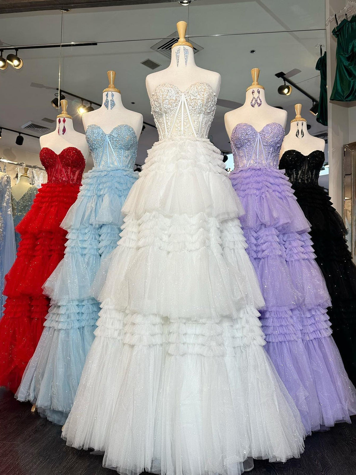 A-Line Sweetheart Tiered Long Tulle Prom Dress - View 11 | VelvetHem