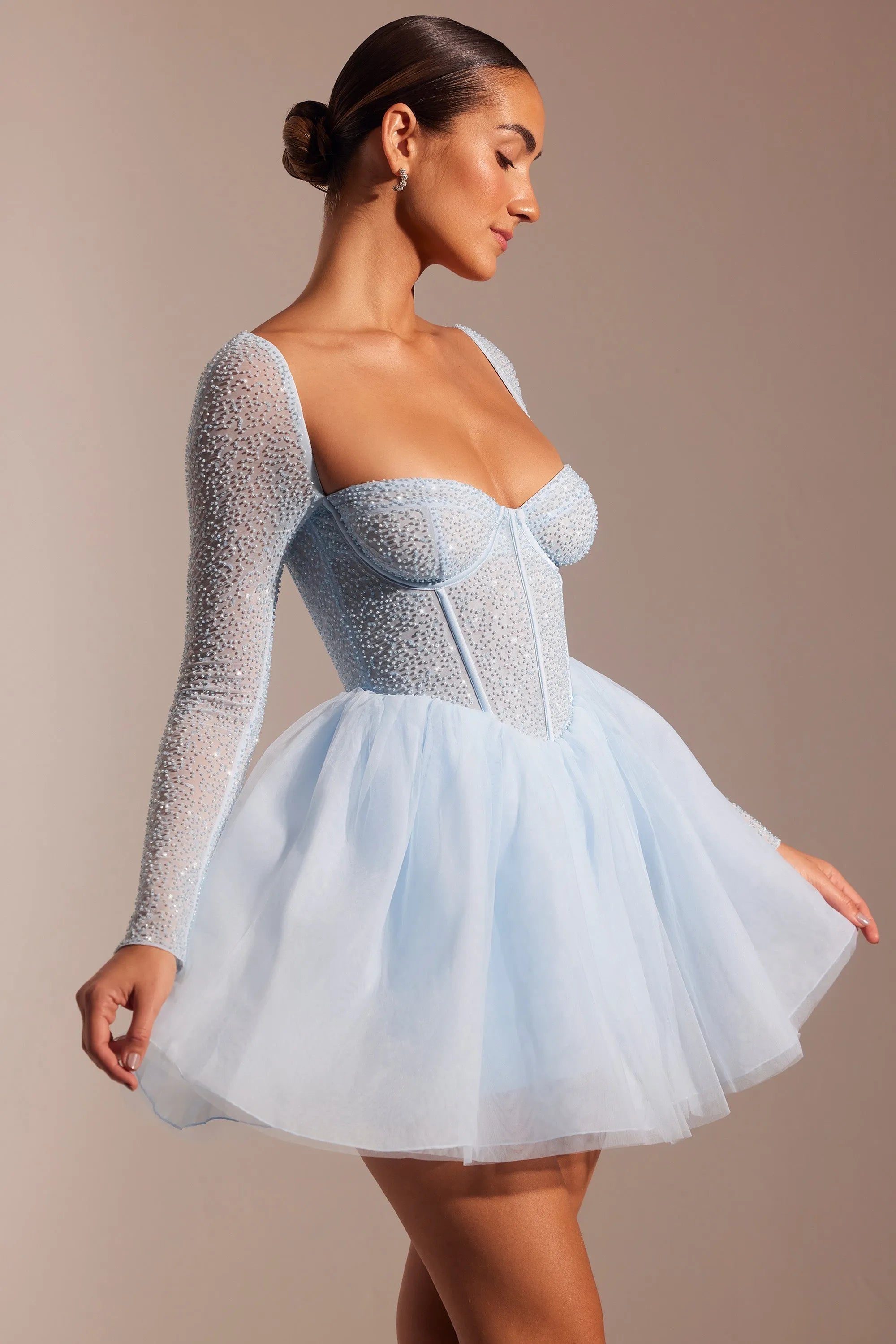 Sky Blue Tulle Prom Dresses Square Collar Above Knee Sequineds Pleat Ruched Homecoming Dresses vestidos de graduación