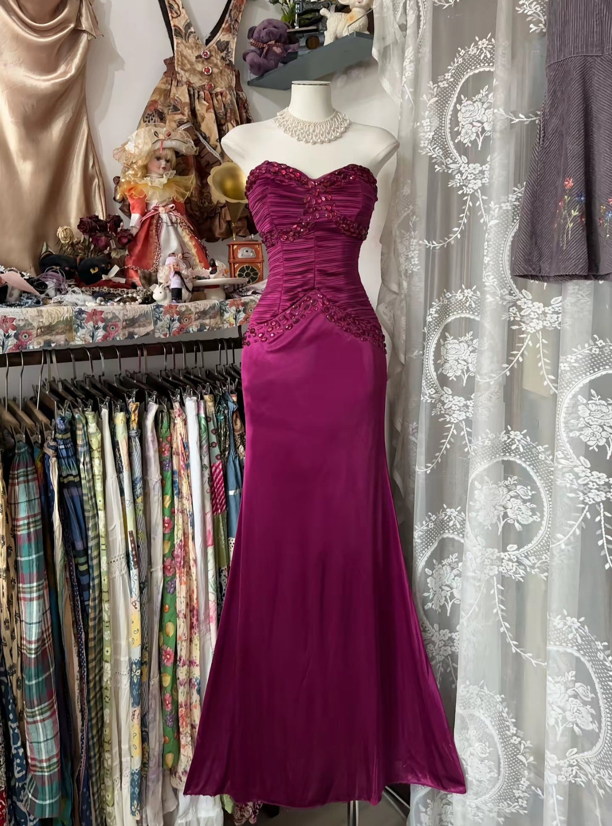 Sweetheart Mermaid Fuchsia Long Prom Dress Beaded Evening Dress