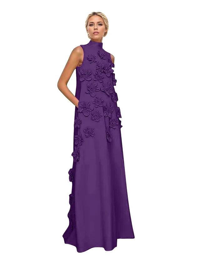 A Line High Neck Sleeveless Floor Length Stretch Crepe Dress With 3D Flowers